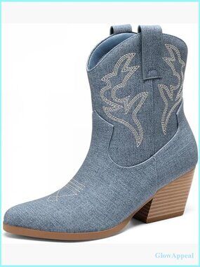 Cowboy Cowgirl Boots Embroidered Stitched Short Western Boots Low Chunky Heel